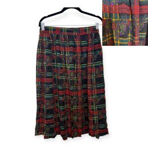 Vintage Lee David Floral Plaid Midi Skirt Classic Tartan Dark Academia Size 14